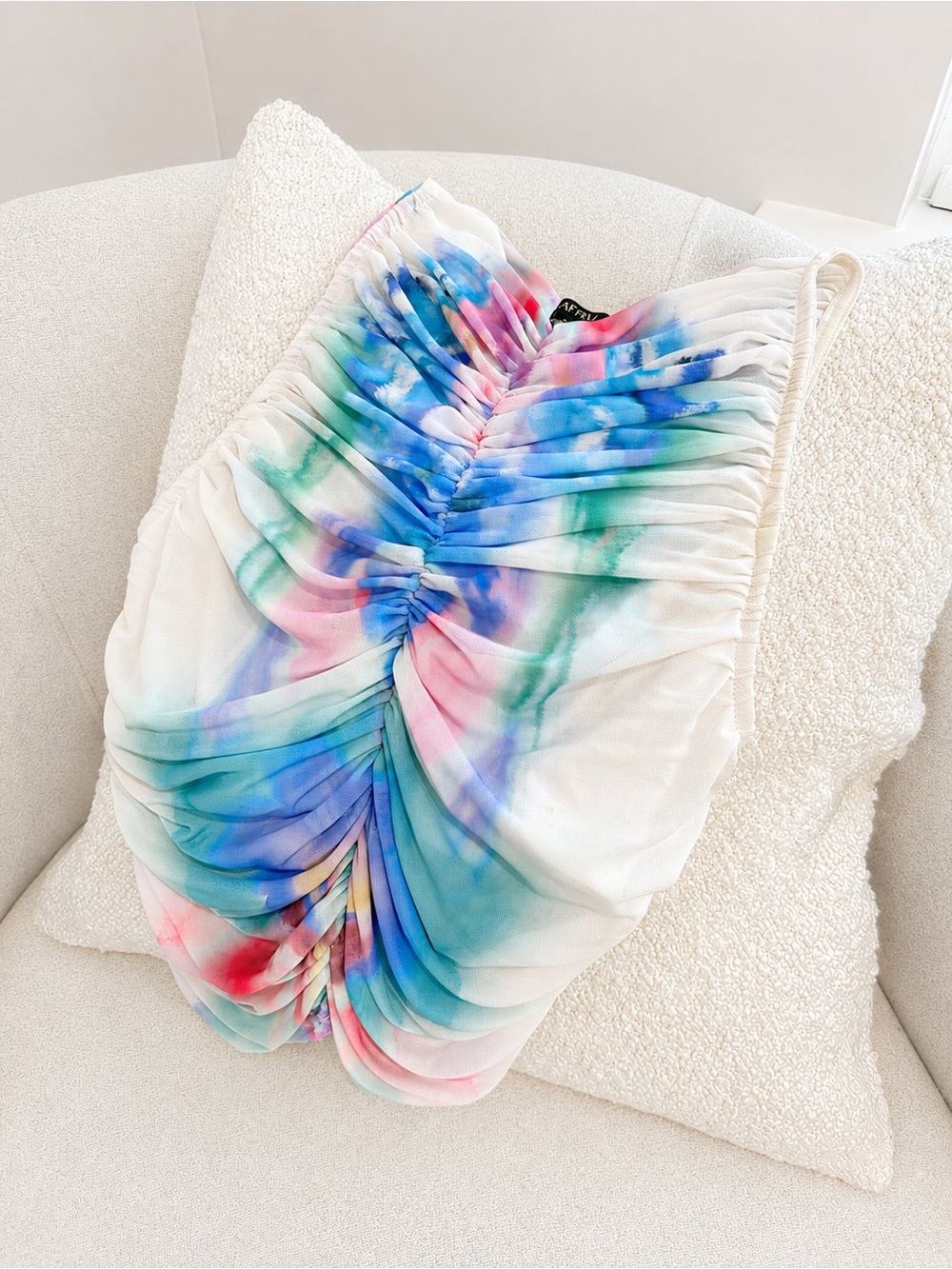 AFRM White Rouged Mesh Top with Blue, Green & Pink Watercolor Print - Size L - Picture 2 of 3